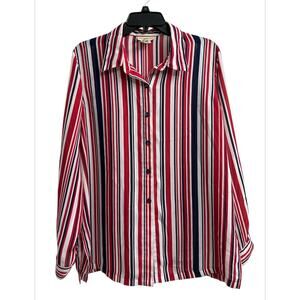 Travel Smith Red Navy White Striped Button Up Long Sleeve Blouse Women’s Medium